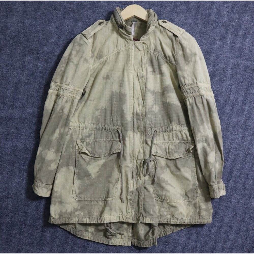 Free People Jacket Women Small‎ Green Camo Anorak Embroidered Full Zip Military